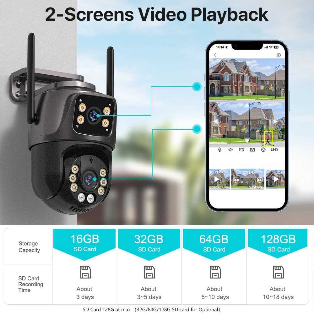 Câmeras IP 4K 8MP HD WiFi PTZ Câmera externa 4MP Lente dupla tela dupla rastreamento automático Câmera IP Câmera CCTV VIEVIDADE VÍDEO DE AUDIO