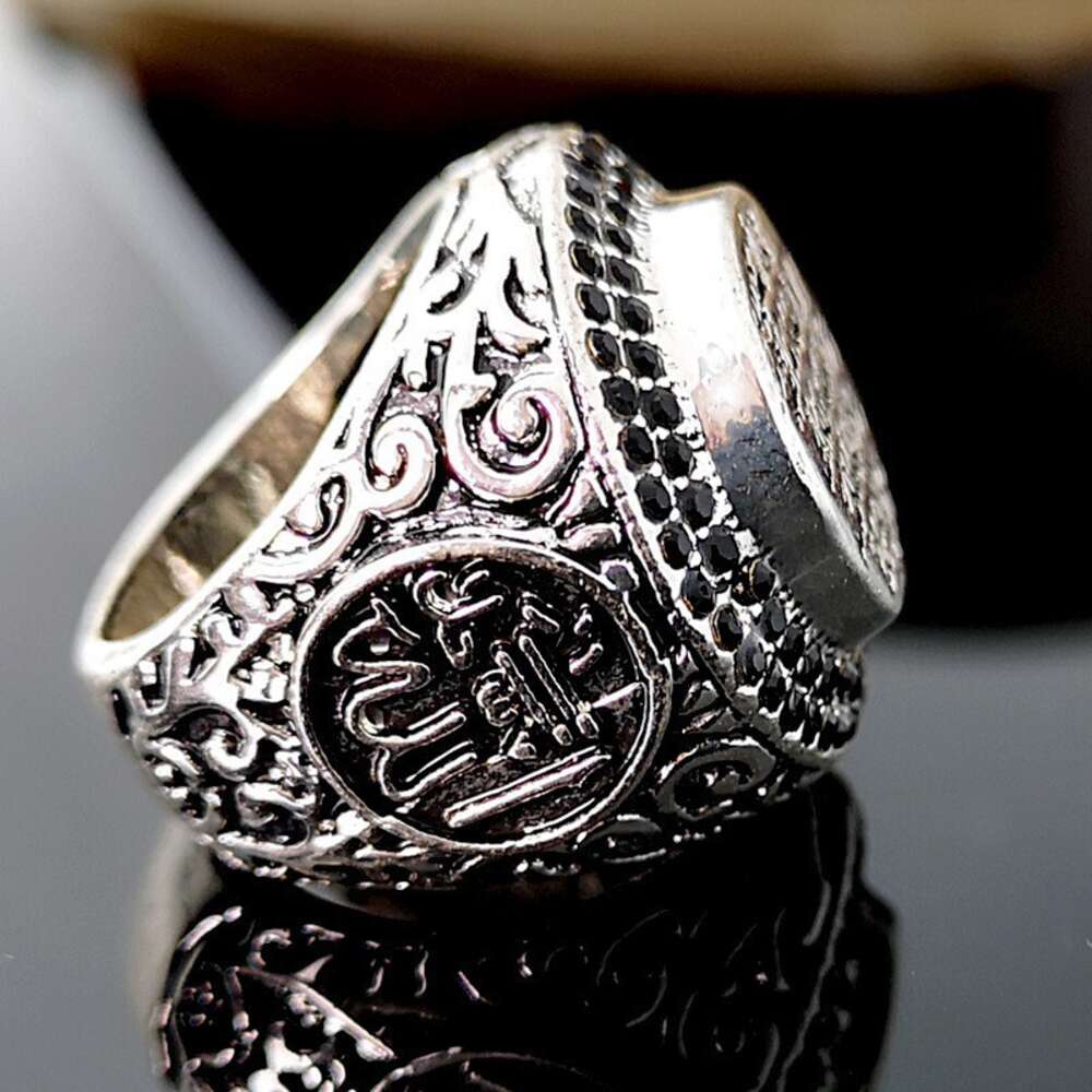 Rongyu's Exotic Style Handcrafted Scripture Ring with Literary Style and Diamond Embedding Exaggerated Ring 2024