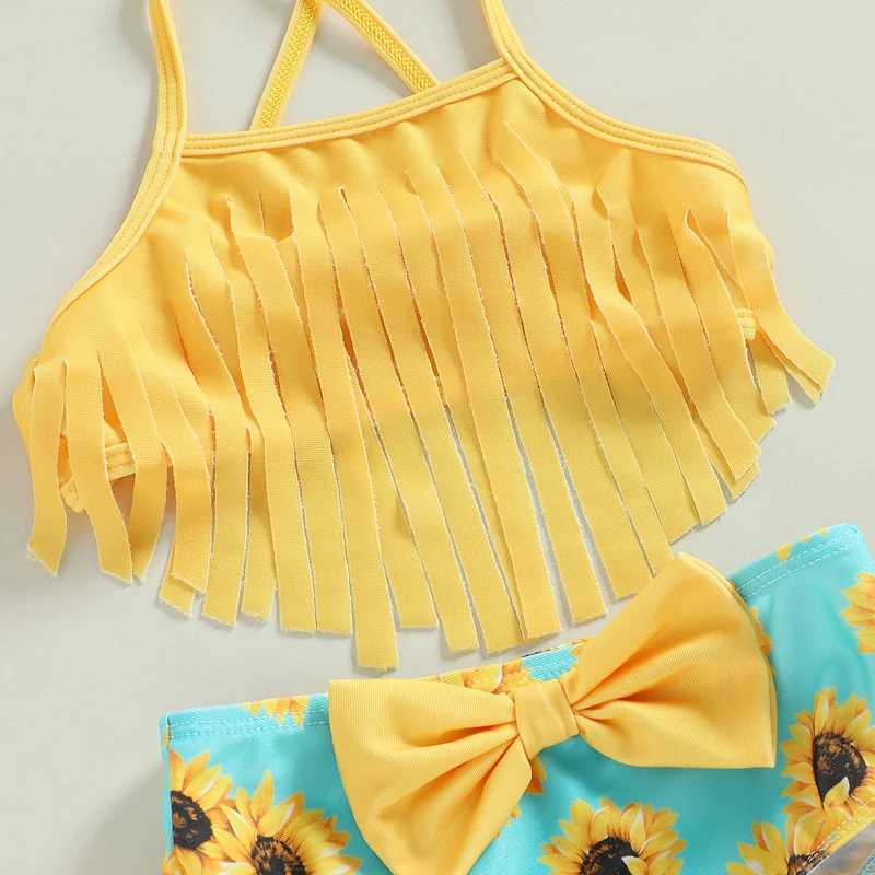 One-Pieces 2-7Y Kids Bikini Set Girls Swimwear 2023 Summer Tassel Sling Sunflower Print Bow Bathing Suits Children Beachwear Baby Swimsuits