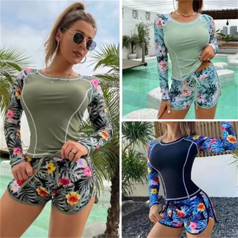 レディース水着セクシーなビキニビーチ水泳服を着る夏の水泳スーツデザイン印刷長袖の水着ボクサーセット