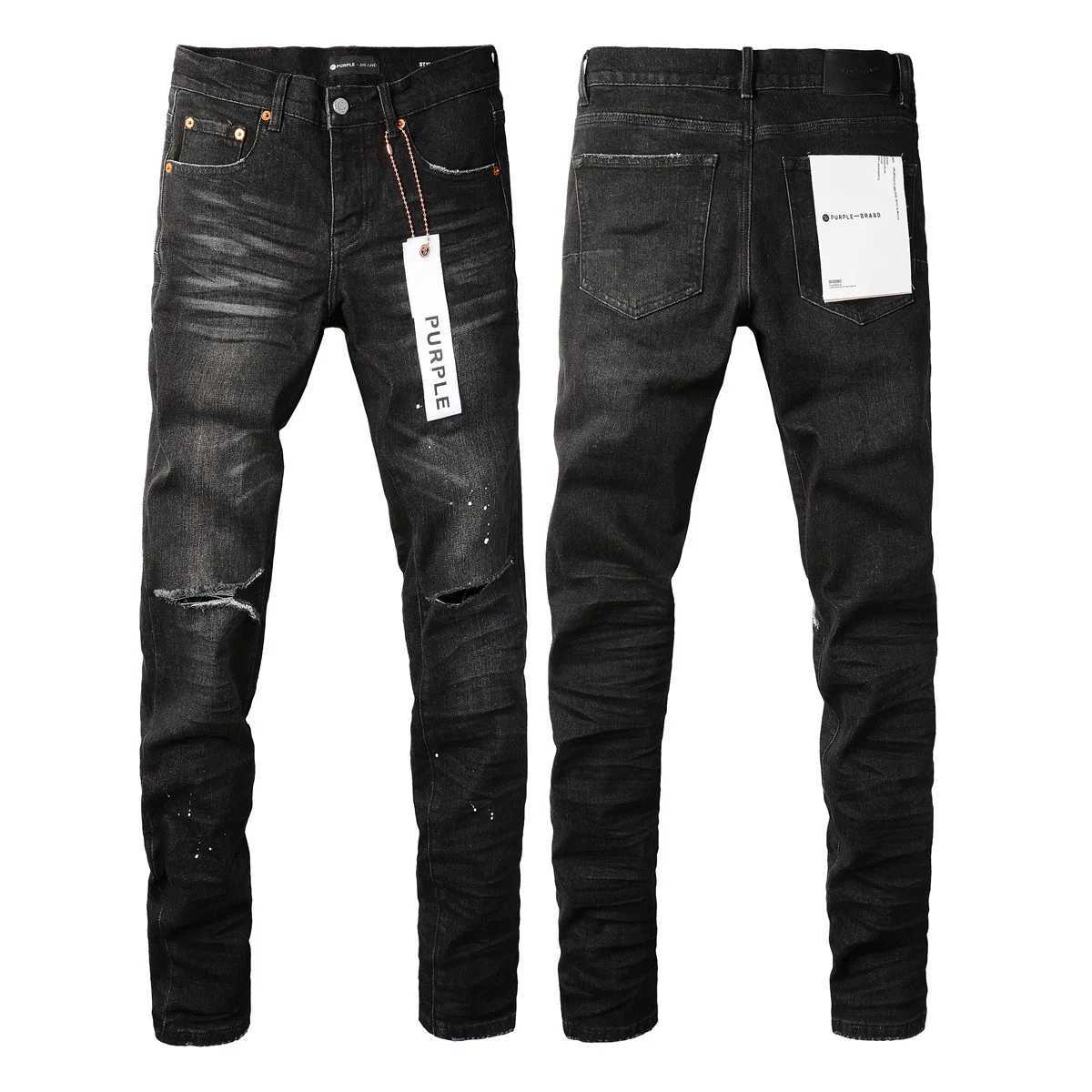 Nytt högkvalitativt lila varumärke 1 1 2024 Slim Fit Fashion Purple Brand Jeans High Street Black Paint Dot Kniv Slash Ripped Holes