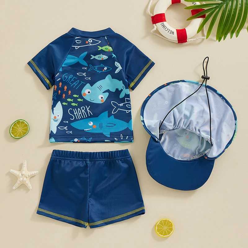 One-Pieces Baby Kids Boys Rash Guard Set Short Sleeve Shark Dolphin Print Top with Shorts Hat Swimsuit Summer Swimwear