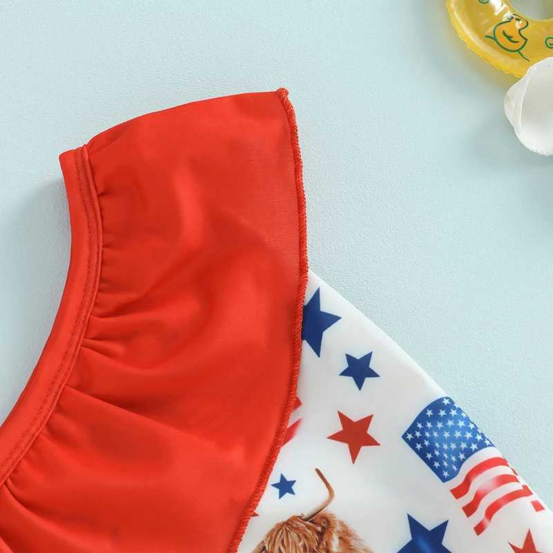 Één-stuks Independence Day Kids Girl Swimsuits Zomervlag Koe Print een schouder jumpsuit en hoofdband strandkleding badpakken