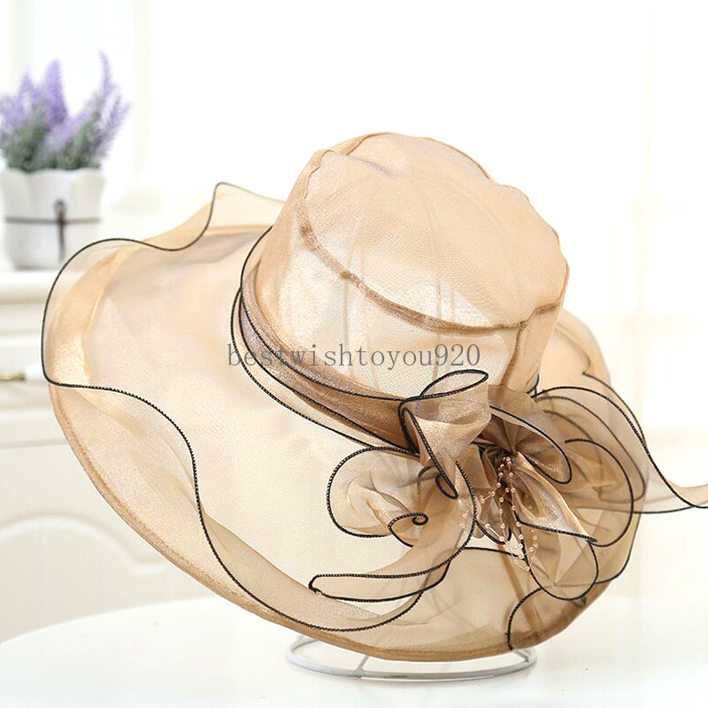 Vrouwen Wide Brim Organza Sun Hat Elegant Mesh Ademende kerkkappen opvouwbare reis strandhoeden zomer bruids emmer petten