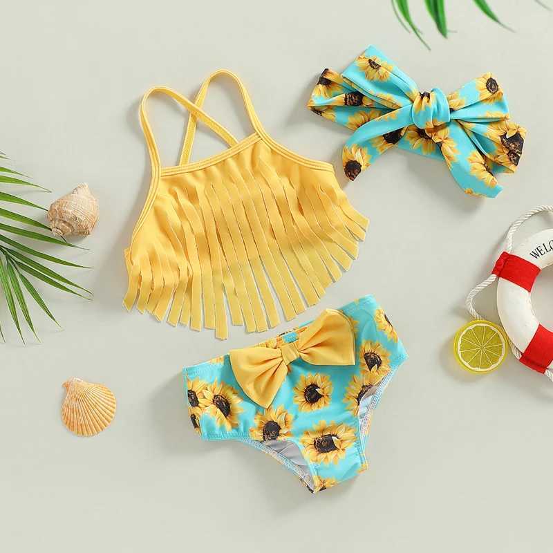 One-Pieces 2-7Y Kids Bikini Set Girls Swimwear 2023 Summer Tassel Sling Sunflower Print Bow Bathing Suits Children Beachwear Baby Swimsuits