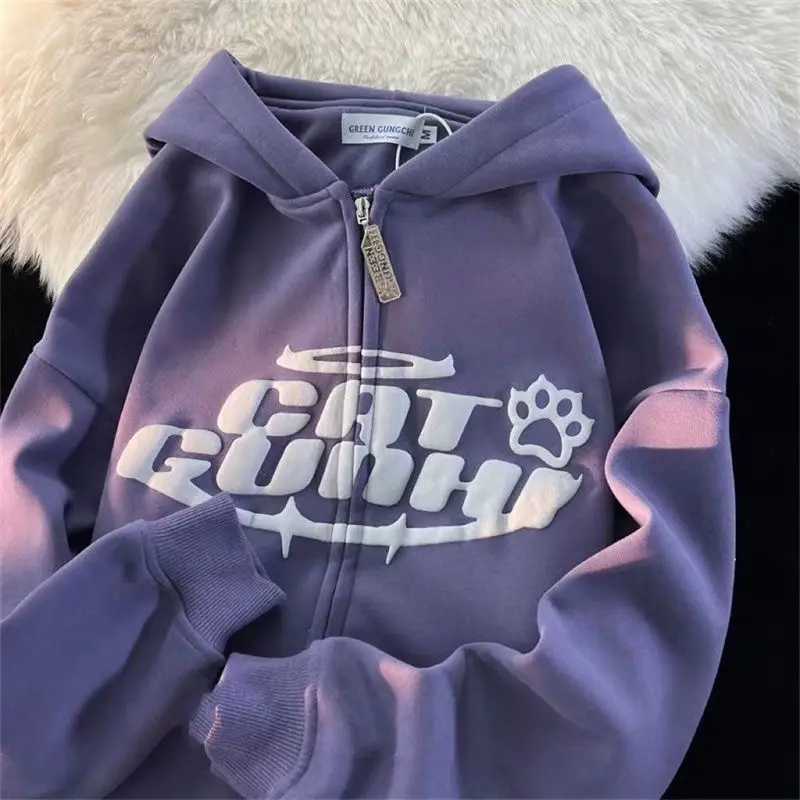 Hoodies voor dames sweatshirts American Style Letter Print Y2K Hoodies Dames Street Fashion Lazy Wind Sweatshirts Paar Casual losse rits Hoodies Cardigan 240413