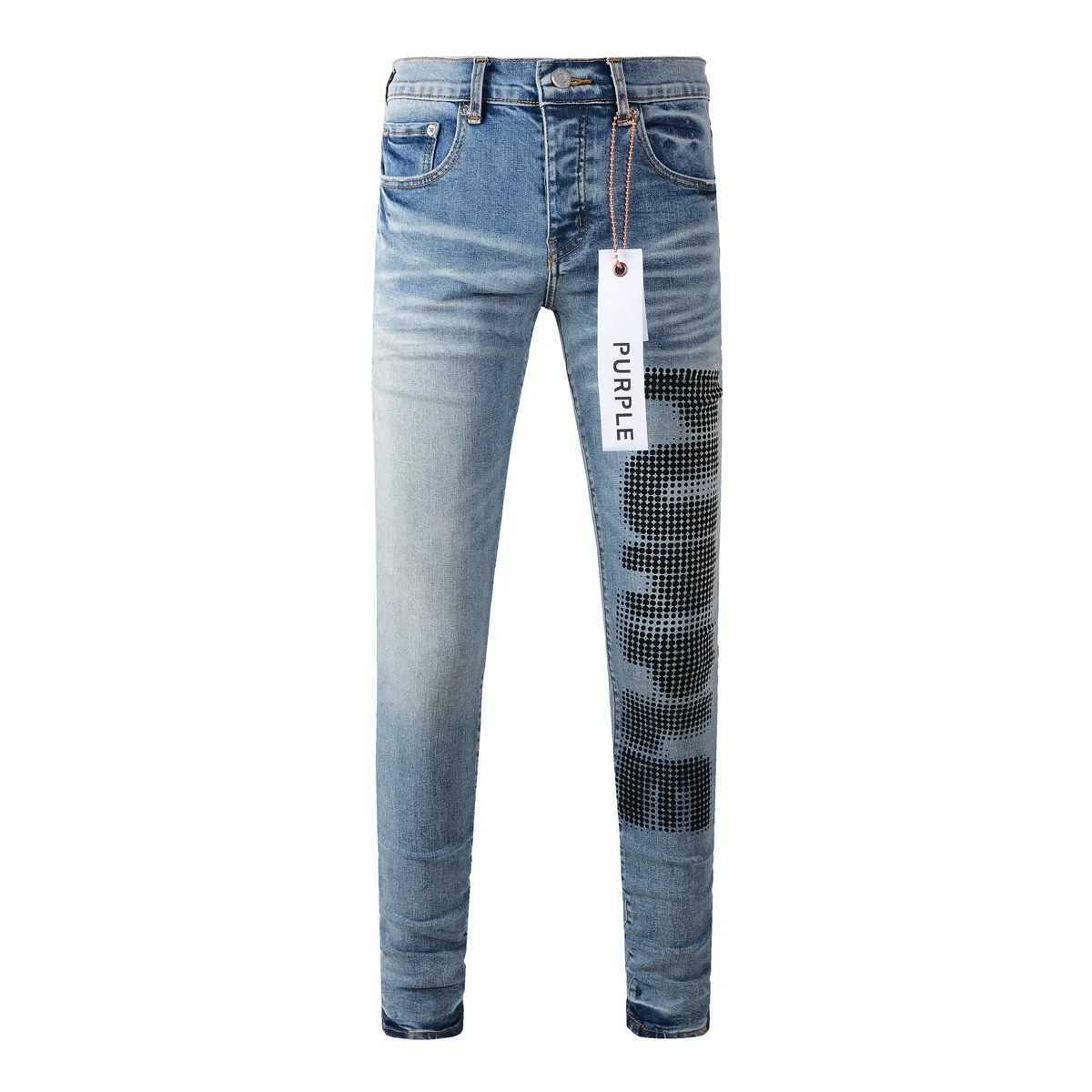 Högkvalitativa lila varumärkesjeans med high street blå tryck brev mode reparation låg stigande mager denim byxor 28-40 storlek storlek