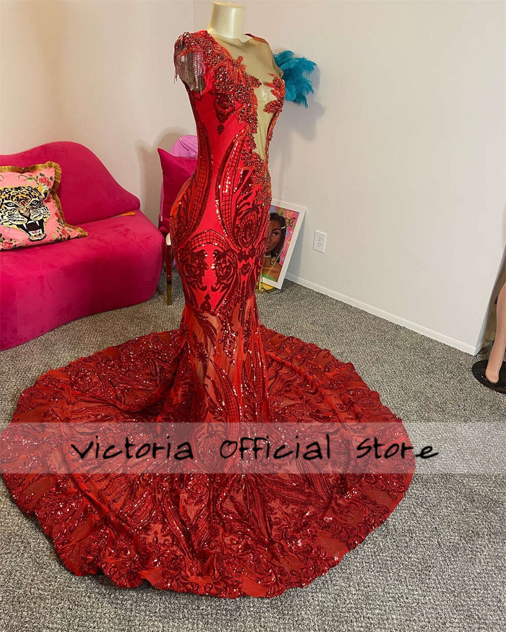 Hermoso vestido de encaje de lentejuelas rojas Prom 2024 Blackgirl Mermaid Fiest Dress Mujeres Elegantes Ves a través de vestidos formales