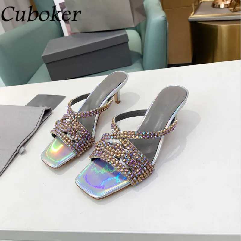 Sandals Square toe womens slider multi-color rhinestone sparkling middle heel womens slider 2021 brand designer womens slider Zapatos MujerL2403