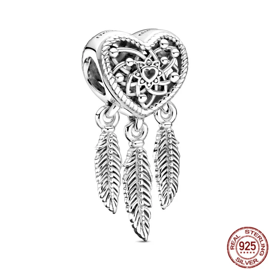 925 Sterling srebrne różowe złoto Pleted Open Peathers Dreamcatcher Charm Bead Fit Oryginalny prezent biżuterii bransoletki