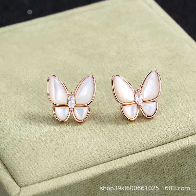 Designer Brand Van High Edition S925 Pure Silver Full Full Diamond White Shell Double Butterfly Ring Feme Rose Gold Light Luxury Brongle