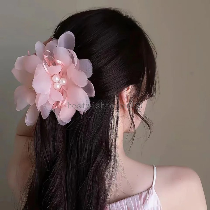 Primavera verão novo grande clipe de cabelo de flor colorido com pérola para mulheres princesas cocar de cocar de cabelo acessórios de cabelo para meninas