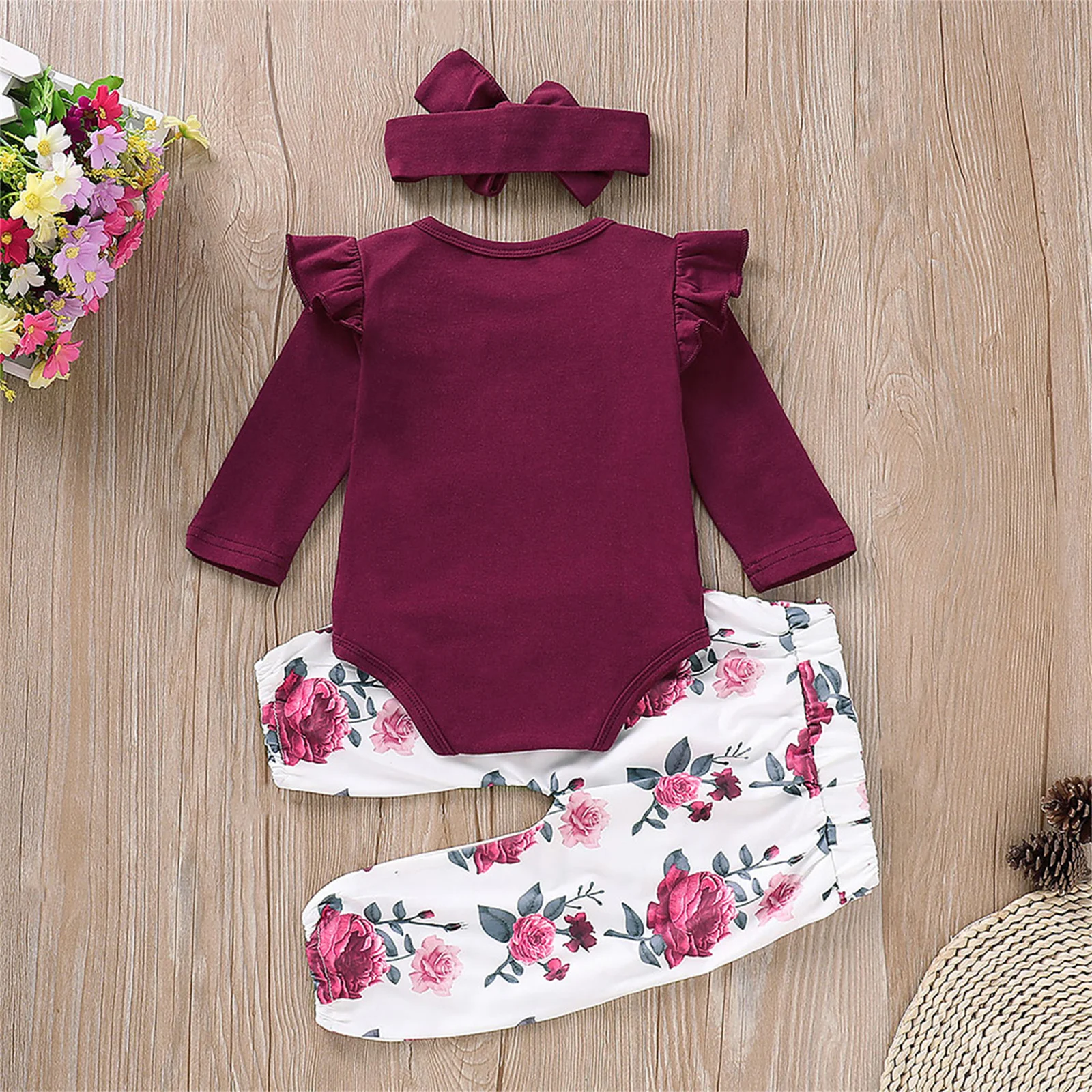 ズボンpatpat 95％コットンスプリング新生児の女の子の服フルルロングリーブロンパーとヘッドバンドセット付き花柄のプリントパンツ