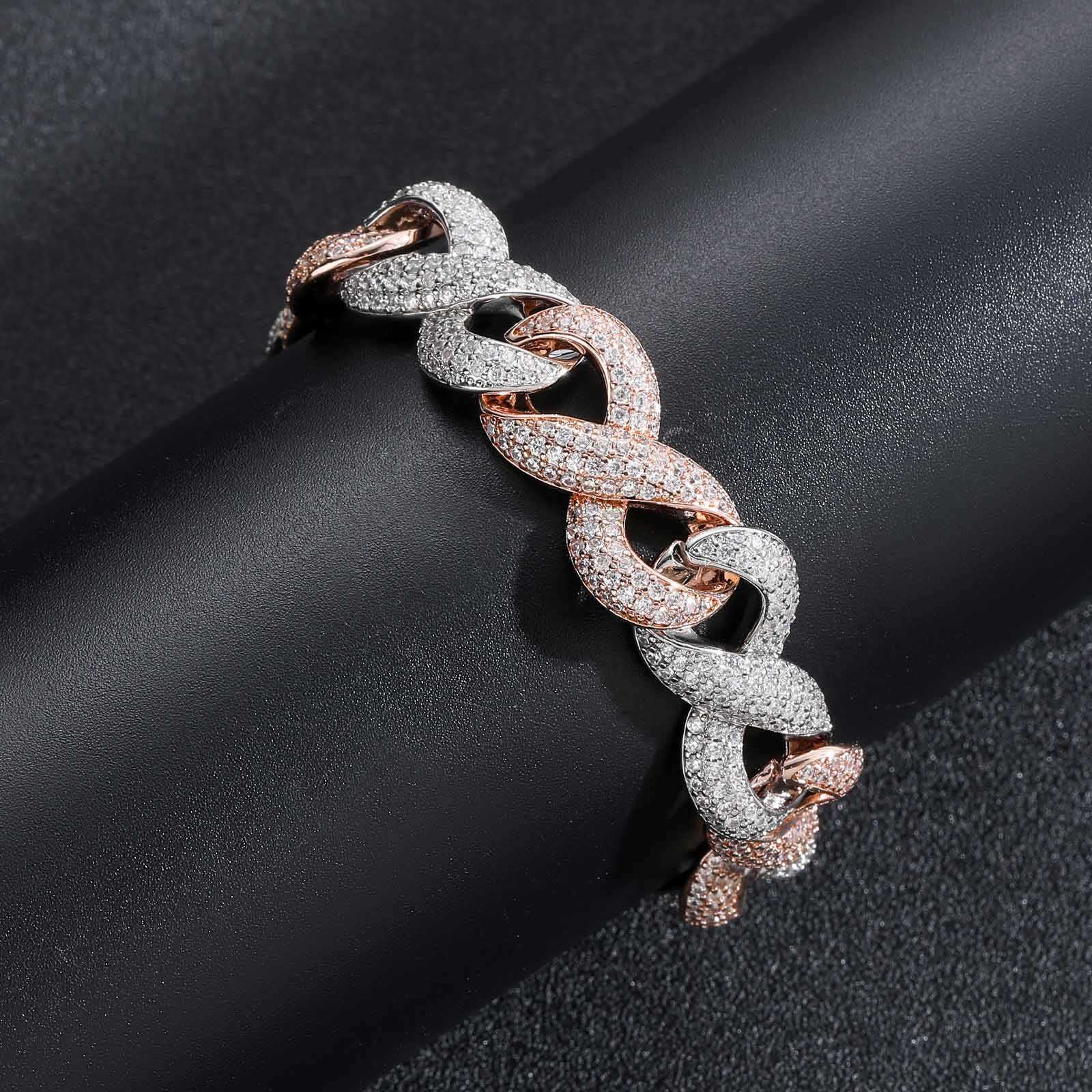 15 mm bred figur 8 Oändlig kedja Rose Gold Två-ton kubansk kedja Mikrouppsättning Diamond Fashion Hip-Hop-armband