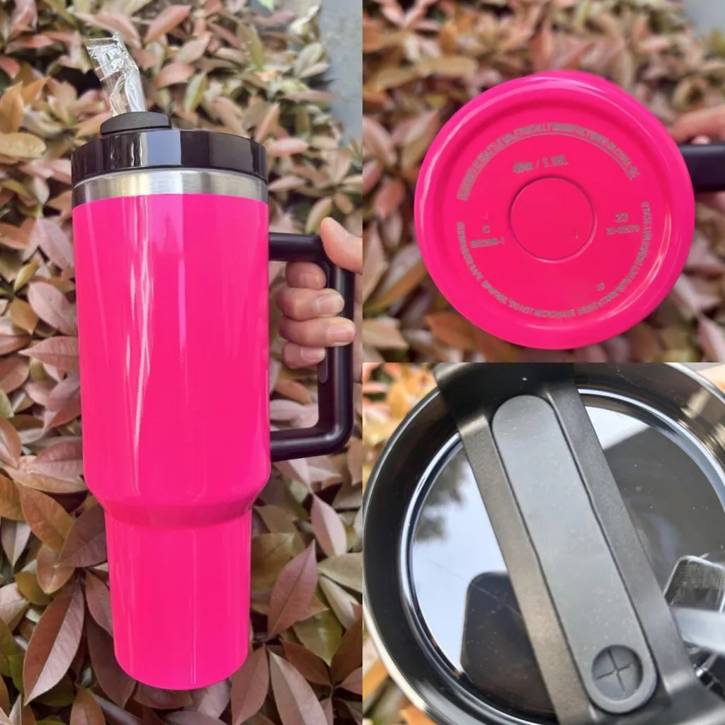 US STOCK Neon Starbacks Winter Cosmo Pink With 1:1 Logo Quencher H2.0 40oz Stainless Steel Tumblers Cups with Silicone handle Lid And Straw Car mugs Water Bottles GG0409