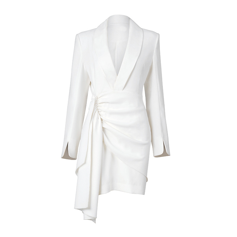 F070 eleganckie sukienki Blazer Blazer Women Spring Shawl kołnierzyka Zerknij Seksowne kobiety Asymetria Minidress White