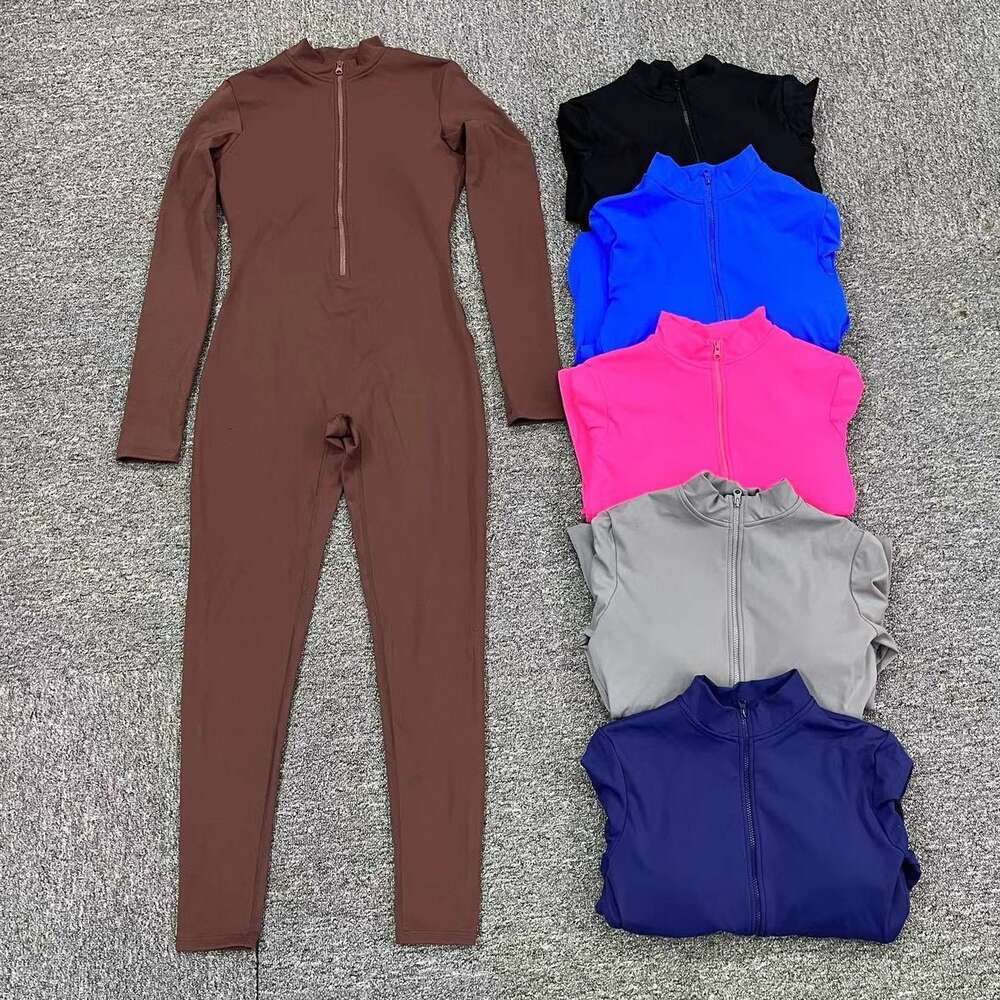 Lu Set jumbou macacão alinha limão de manga longa Mulheres femininas Leggings Leggings de uma peça com zíper Fiess ioga