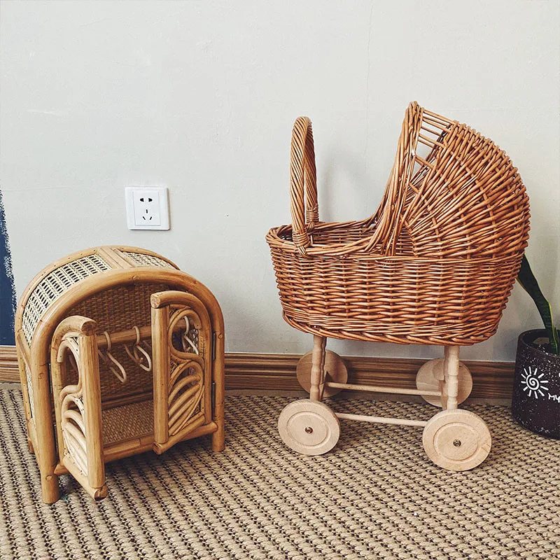 Toys Baby Photography Props Retro Rattan Baby Stroller Toy Photo Studio Baby Doll Carriage Children's Room Decoration Baby Doll Cart