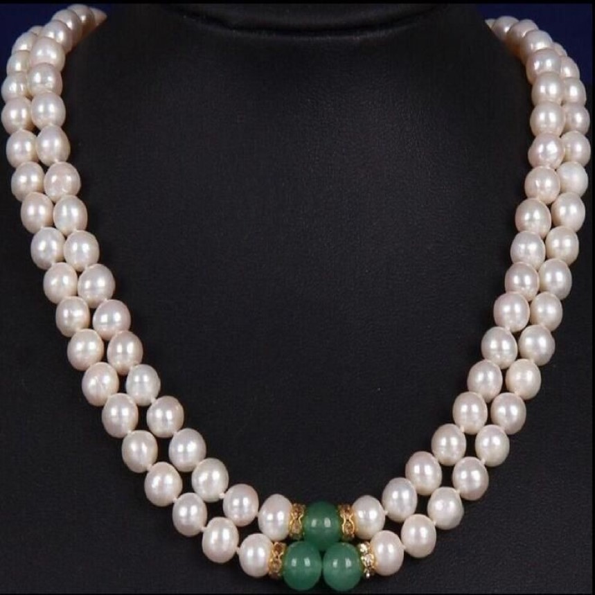 2 filas 8-9 mm South Sea White Green Jade Mother Pearl Collar Amarillo Bugar301Y