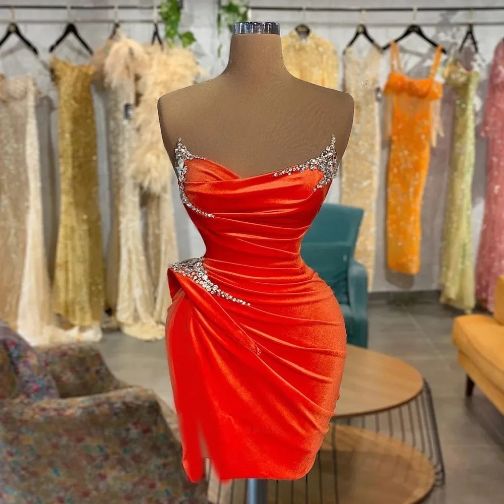 Orange Cocktail Dresses Luxury Bead Crystal Mini Party Dress For Women 2024 Off-The-Shoulder Sheath Prom Gowns robes de soiree 2 Styles