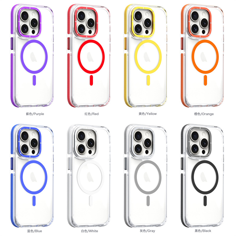 Carga de sucção magnética sem fio para iPhone15 14 13 12 11 Pro Max Plus Samsung S24 S23 Ultra Plus Transparente TPU Soft e Hard Combination MagSafe Tampa