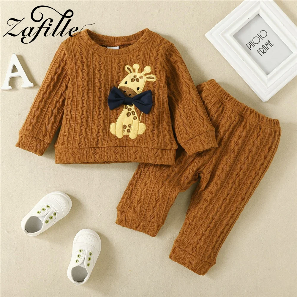 Trousers ZAFILLE Winter Baby Clothes Set Cartoon Giraffe Printed Sweater+Pants Leisure Kids Toddler Costume Homely Boys Girls Sleepwear