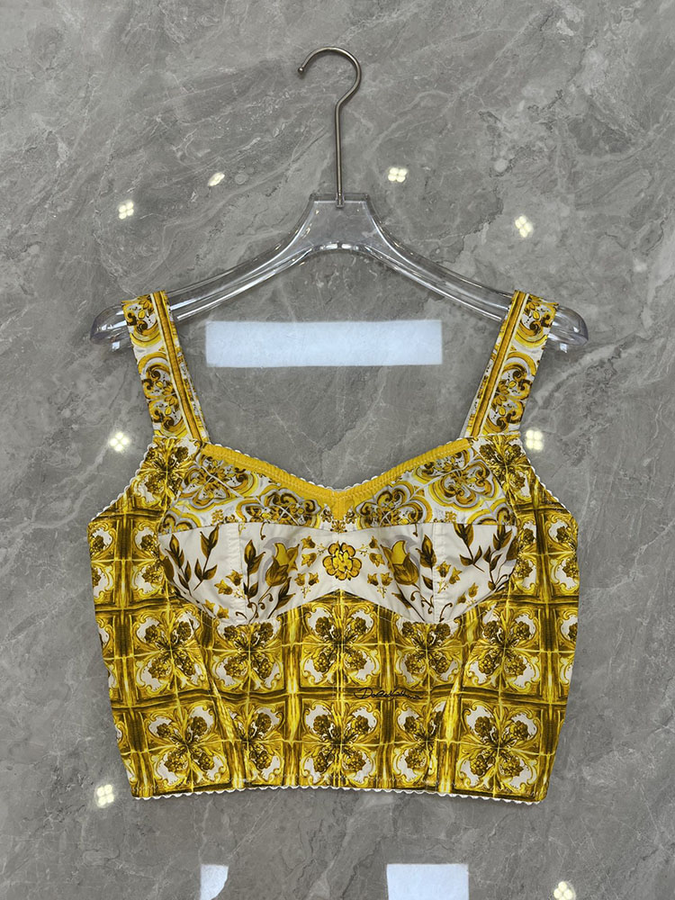 100% coton Camisole Sexy Femmes Place Holiday Yellow Porcelaine Flower Print Spaghetti STRAP OPROPOSS DE STREET HAUT