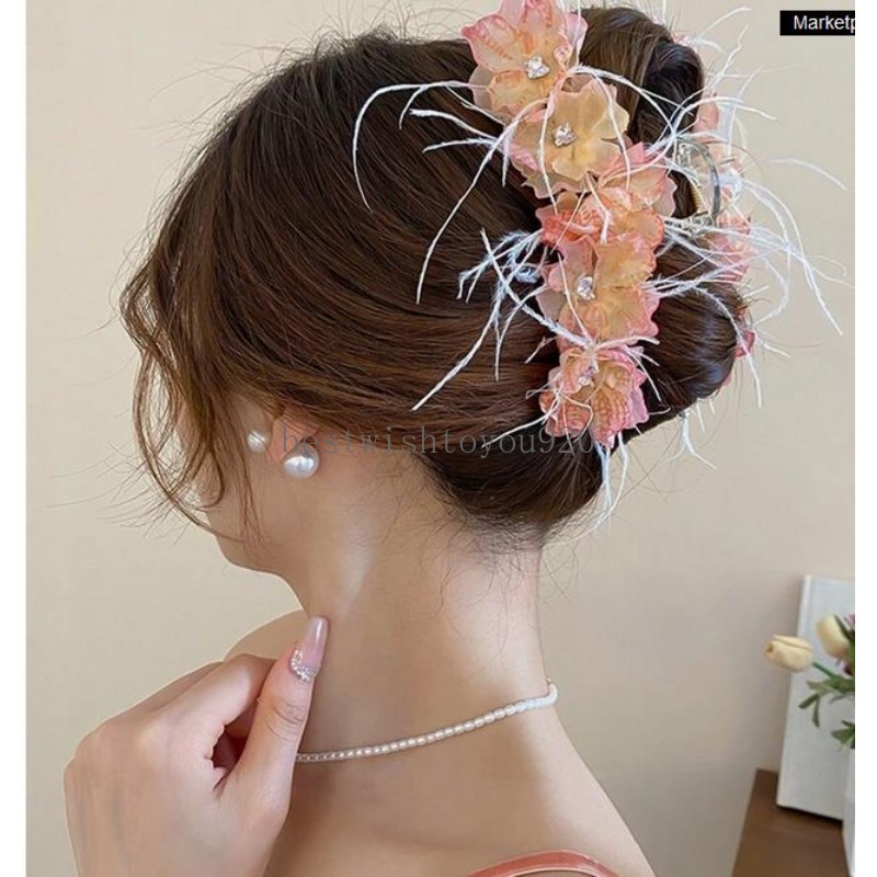 Feather Flower Hair Claw Sweet Fairy Style Hair Accessory For Daily Wear For Forest Girls Spring Summer Fashion Headwear