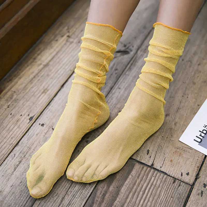 Chaussettes Hosiery Nouvelles chaussettes de femme rétro pour femmes printemps d'été fines chaussettes transparentes or couleurs argent paillettes brillantes oreilles de bois