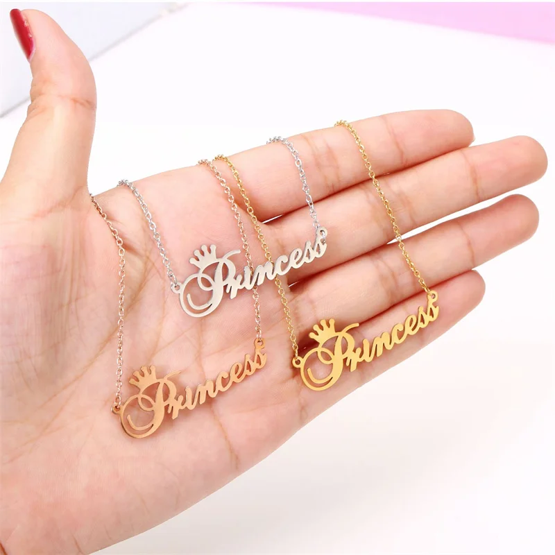 Cute Cursive Letter Crown Princess Necklace for Babygirls Script Dear Little Princess Stainless Steel Clavicle Choker for Women Female Girl Chain Jewelry Gift