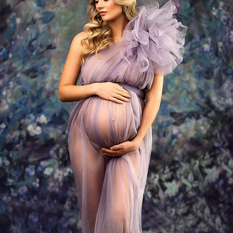 Elegant One Shoulder Tulle Maternity Dresses See Through Sexy Women Dressing Gowns For Photography