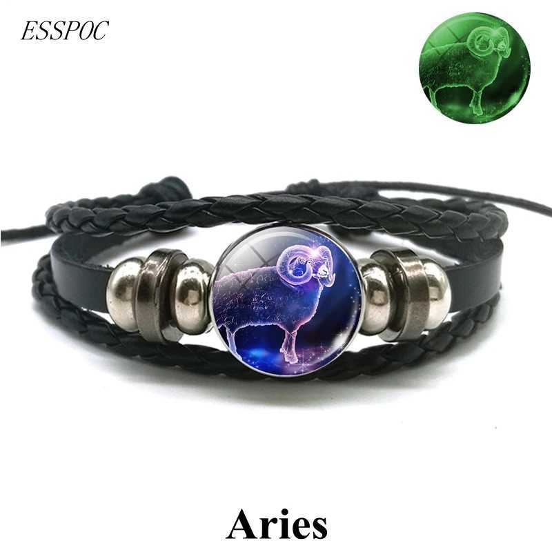 Outras pulseiras Gemini Leo Libra Scorpio Sagitário 12 Constelação de pulseira luminosa pulseira de couro zodíaco Bracelete de joias para MENL240415