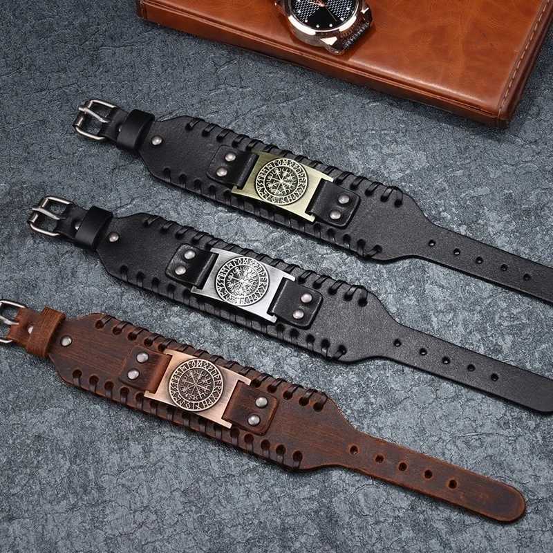 Outras pulseiras Design Totem Design de couro largo Pirata Compass Bracelet Mens Bracelet
