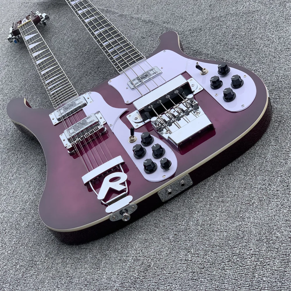 Guitar Double Neck 12+4 Strings Red body Electric Guitar and Bass with Chrome hardware White Pickguard Body binding can be customized