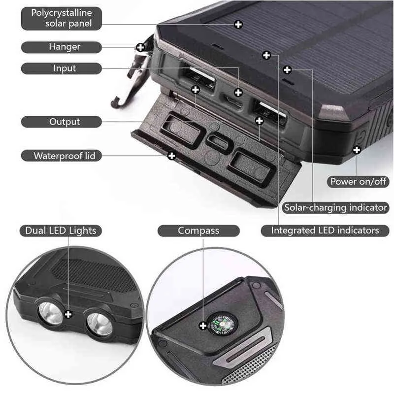 Solar Power Bank Mah Waterproof Portable Solar  Power Bank External Battery Power Bank With Led Camping Light J220531