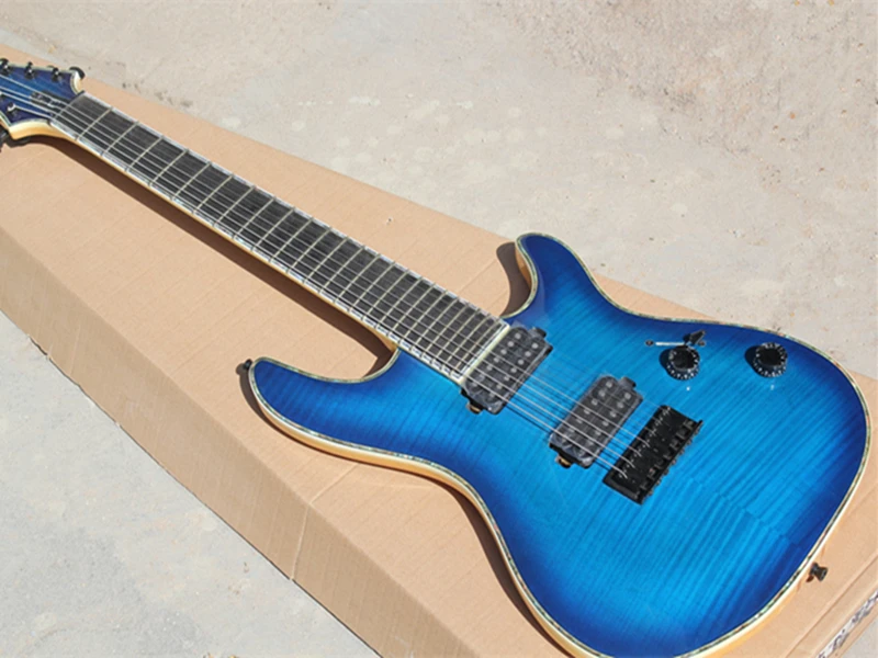 Кабели 7 струнных синего кузова Электрическая бас -гитара с пламенной шейной шпоном клен