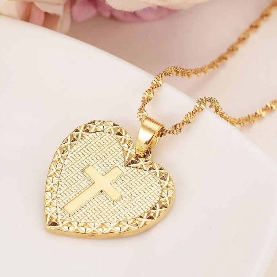 Heart Cross smycken sätter klassiska halsband örhängen set 14 k gult fast guld gf afrika bröllop brudens dowry291d