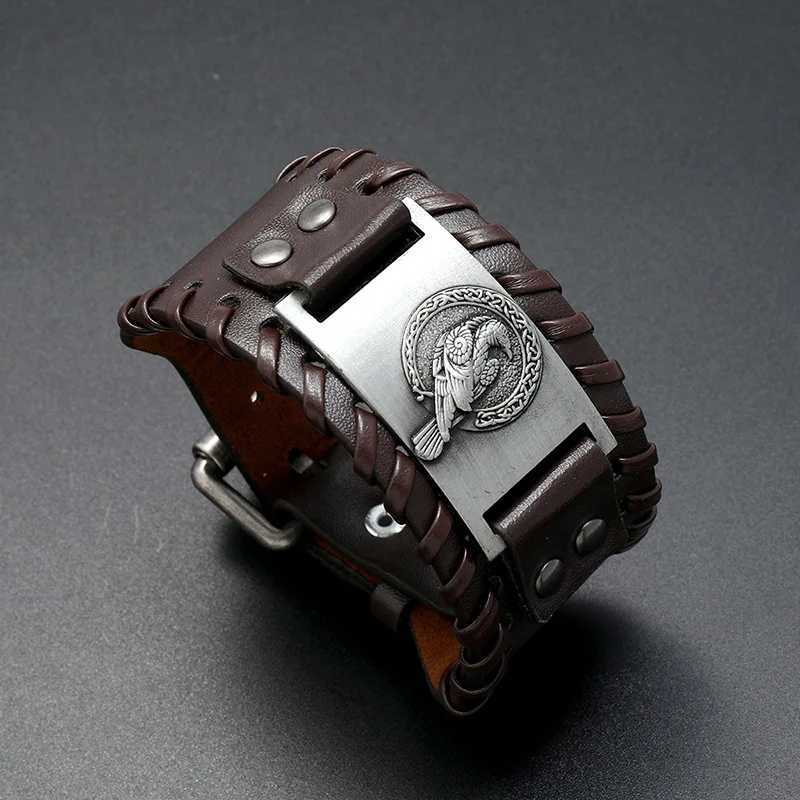 Andere Armbänder Trendy Wide Edition Leder gewebtes Nordic Crow Viking Rune Armband Charm Man Armband Neue Mode Hip Hop Punk Schmuck AccessorIl240415