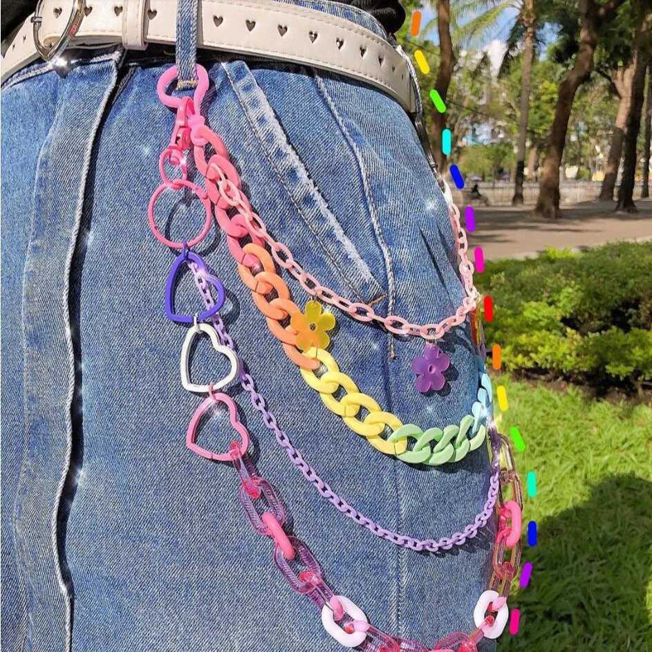 Keychains Lanyards 2022 Hip Hop Rainbow Resin Chain Keychain Men Women Cute Waist Chain Multicolor Acrylic Flower Pants Trousers Chain Punk Jewelry