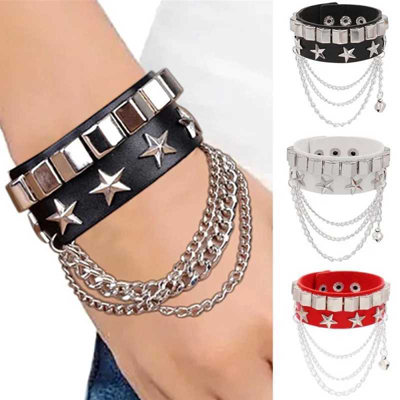 Other Bracelets Leather Punk Spike Rock Bracelet Adjustable Goth Cuff Bracelet Gothic Rivet Buckle Wristband With Metal Chain Skull AccessoriesL240415