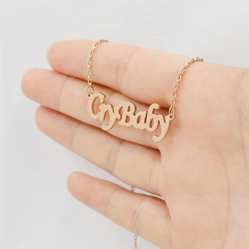 Cute Gothic Crybaby Letter Necklace Cry Baby Word Stainless Steel Cursive English Script Charm Chain Choker for Women Girl Child