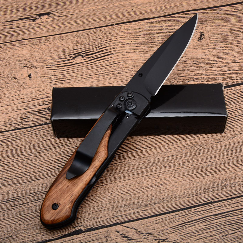 Promotion High Quality Butterfly DA44 Survival Pocket folding knife Wood handle Black Titanium finish Blade tactical knife EDC Pocket knives