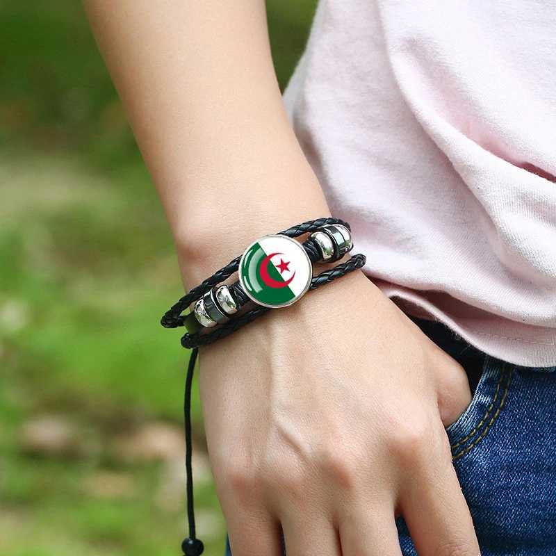 Other Bracelets Africa Country Flag Bracelets Men Women Algeria Sudan Tunisia Morocco Flag Glass Dome Black Leather Charm Bangles Punk JewelryL240415