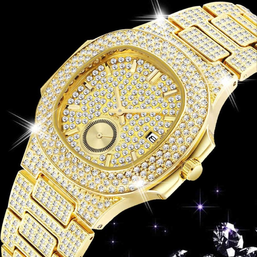 18K Gold Uhren für Männer Luxus Full Diamond Men's Uhren Mode Quarz Armbanduhren AAA CZ Hip Hop Hop Hop Out Männliche Uhr Reloj239t