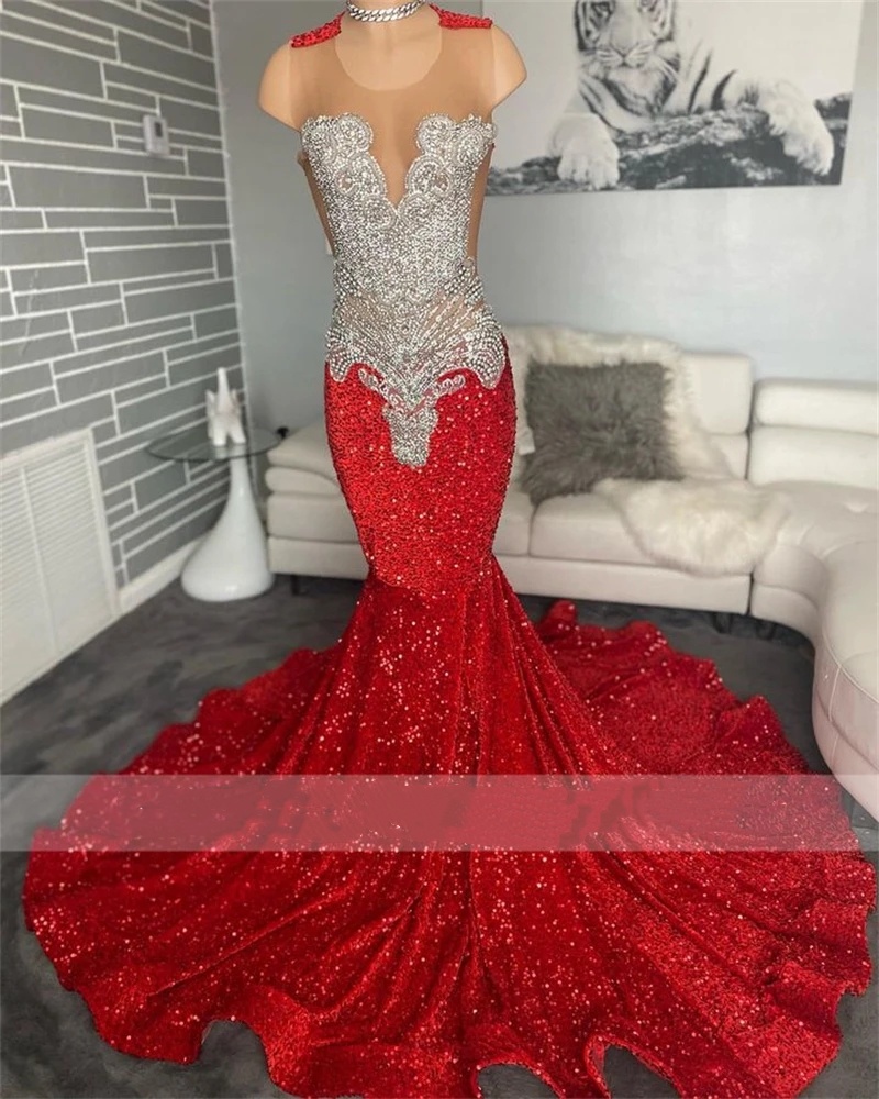 Red O Neck Evening Dresses Black Girls Beaded Crystal Rhinestone Long Prom Gowns Sequined Birthday Party Formal Gown Robe De Bal