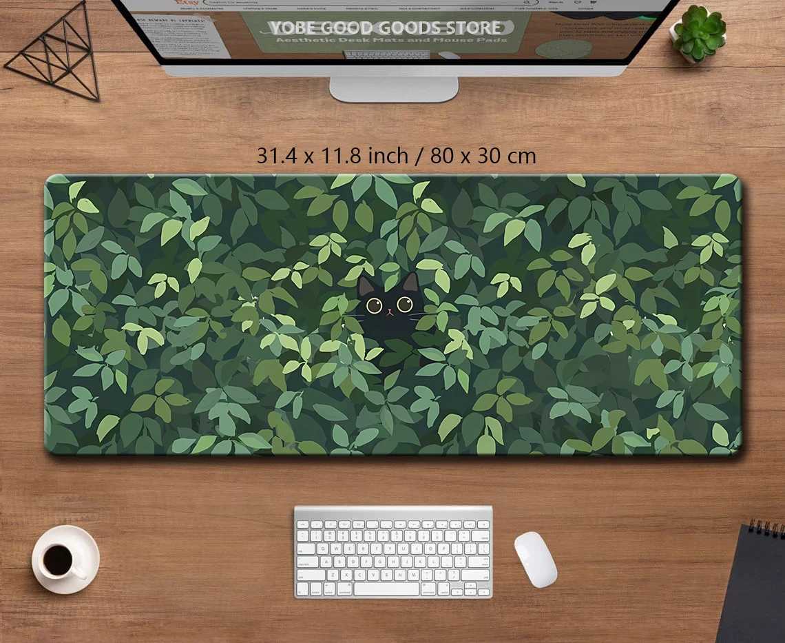 Topo cuscinetti da polso da polso tappetino tappetino kawaii gatto nero mousepad piante estetiche naturale laptop rotonda mousepad grande deskmat da gioco da gioco grande cuscinetto mouse verde