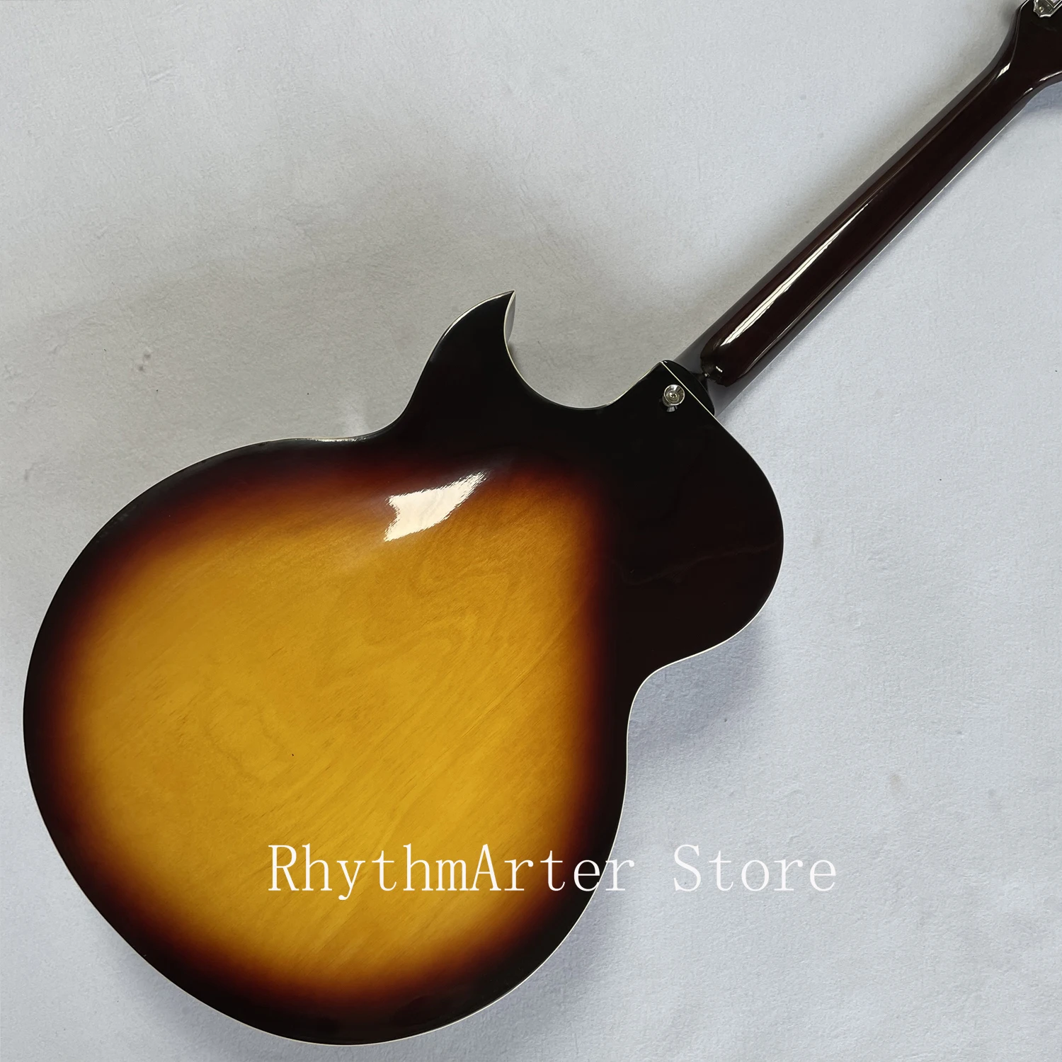 Cables High quality jazz guitar black side gradient yellow double f hole hollow body chrome hardware double pickup free of freight