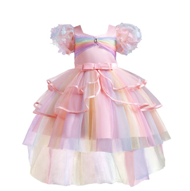 Vestidos pompadour infantis 2024 vestido de bolo de malha de arco -íris meninas mostram uma saia de bebê de vestido de princesa