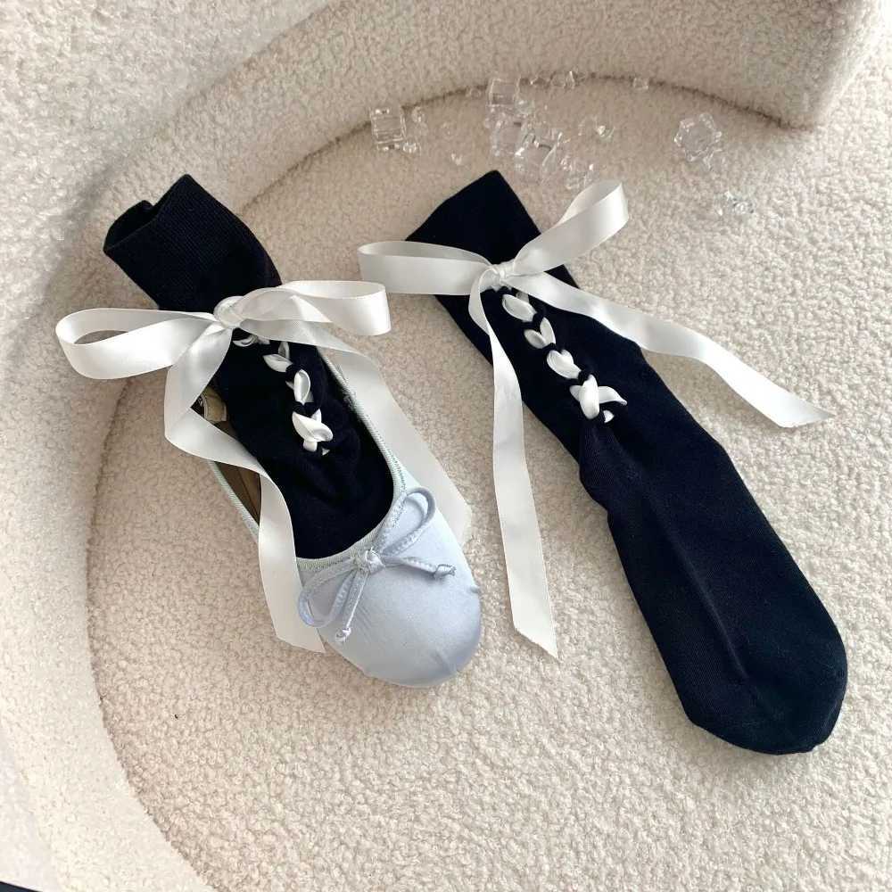 Socks Hosiery Spring And Summer Niche Design Balletcore Ribbon Bow Socks Womens Mid-tube Socks Ins Tide Ties Stacked Socks