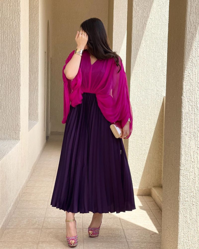 Elegant Purple/Fushcia evening dresses V-Neck formal prom party gowns dresses for special occasions sleeves evening gown E415006